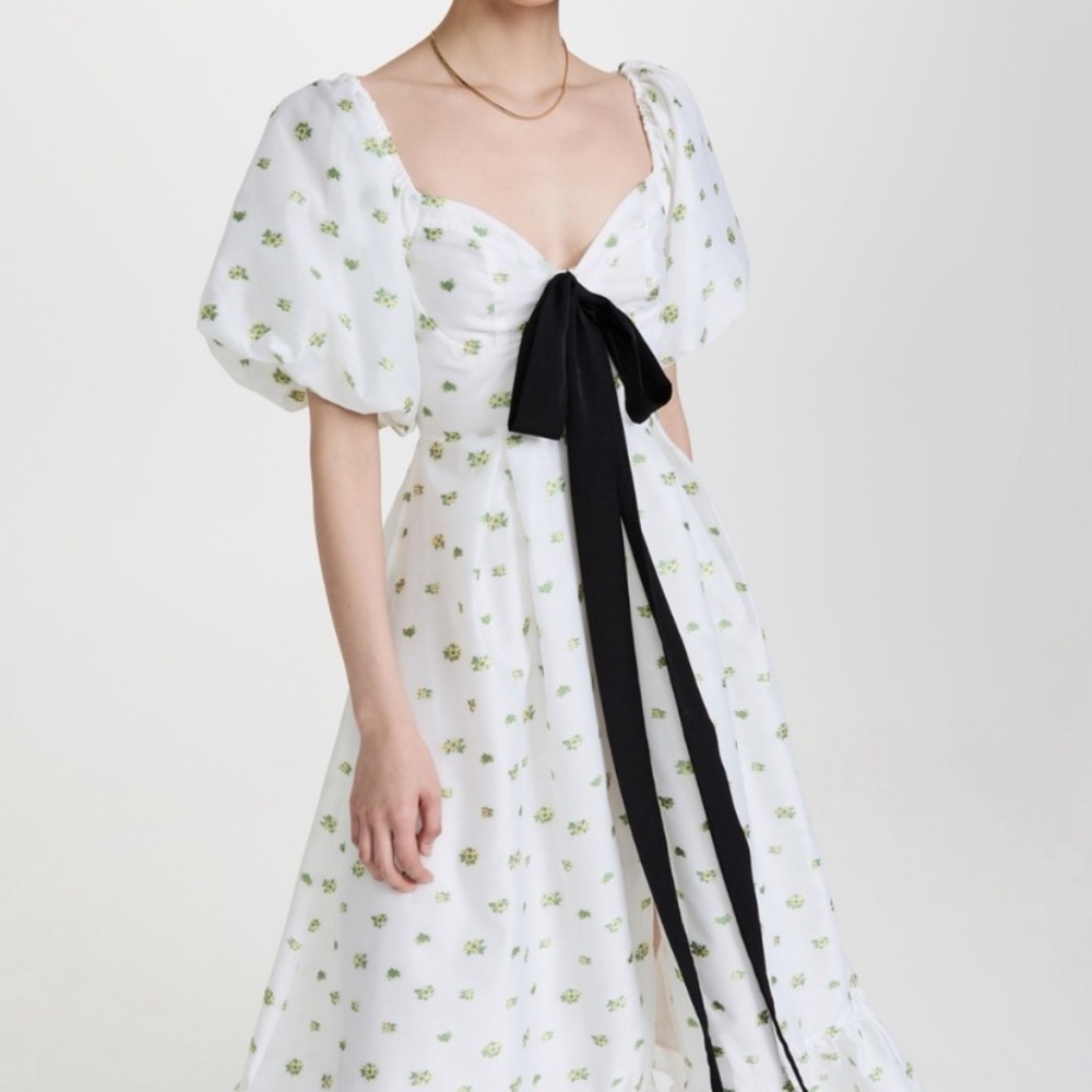Sister Jane White Maxi Dress with Green Floral Print and Black Bow